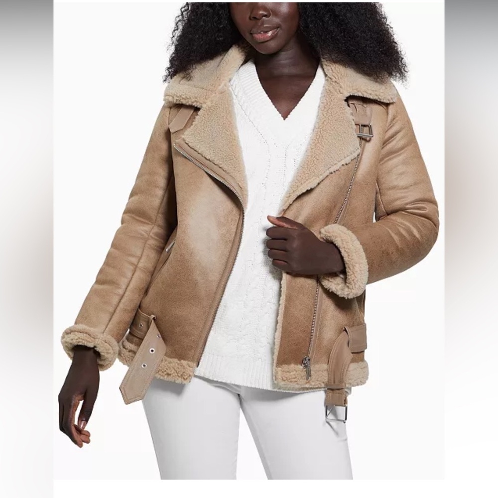 GUESS Women’s Faux-Shearing Asymmetric Moto Coat